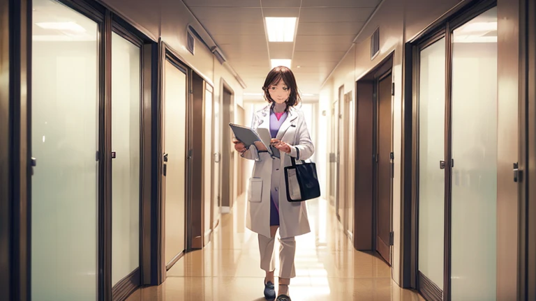 In the hospital corridor、Please draw an illustration of a female doctor in a white coat walking while checking a medical record.。The female doctor has a serious expression、On my way to my next appointment。In the background you can see hospital room doors and hospital equipment.。