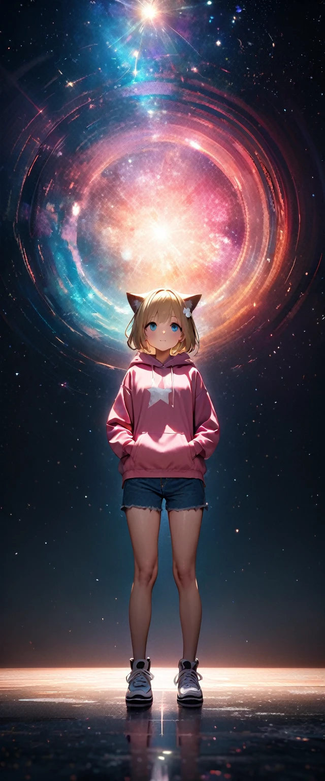 8k,非常に精細なCGユニットのwallpaper, masterpiece,High resolution,Highest quality,Highest quality real texture skin,Surreal,Increase the resolution,RAW Photos,Highest quality,Very detailed,wallpaper,Cinema Lighting,Ray-tracing,Golden Ratio, break ,Many stars shine beautifully in the winter night sky., Long exposure of the starry sky、Many circular orbits are visible in the image., Silhouette of a young woman、Put your hands in your hoodie pockets、Looking up, Photo taken from a distance, Picture below, Beautiful kaleidoscope-like multiple exposures overlapping each other、Pink short sleeve hoodie、Blonde、Blonde Hair、Very Short Hair、Cat ears of the same color as the hair、Plain pink short sleeve hoodie、Denim shorts、Belly button、sneakers、Turquoise Eyes、Flat Chest、Big white flower hair ornament、