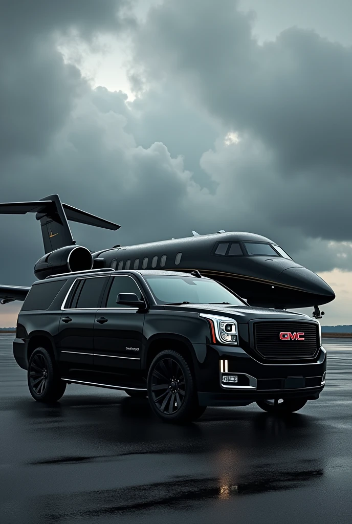 Black private jet with black gmc looks cool cloudy background