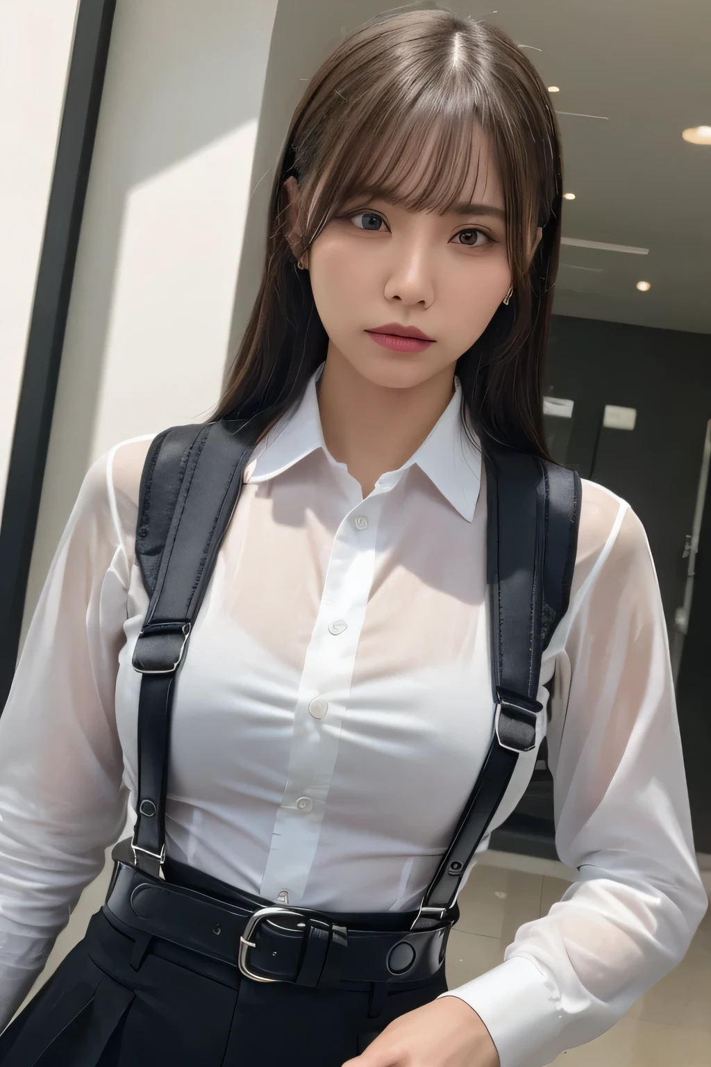 a woman in a suit, belt, hands behind back, sweating, suspenders, black pants, sexly, large breasts, see-through clothing, rain, detective, office worker, white button-up shirt, (best quality,4K,8k,highres,masterpiece:1.2),ultra-detailed,(realistic,photorealistic,photo-realistic:1.37),hyper-detailed,highly detailed face and body, Slender　thin　suspenders　Moderate breasts　See-through shirt　Nipples　holster　chain　Pistol　Armament　criminal　Female criminal　knife