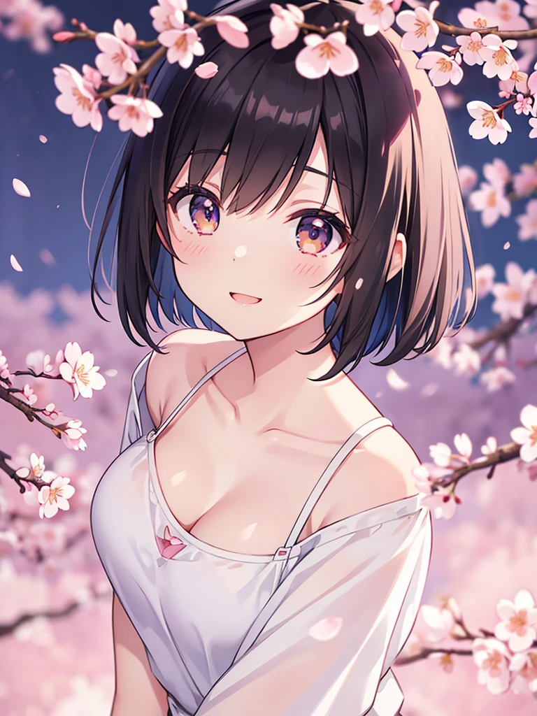 masterpiece, high quality, 16k resolution, detailed, beautiful anime girl, large breasts, slender waist, pale skin, , black hair, bob cut, fine hair, simple clothing, white T-shirt, no accessories, walking in neon-lit night city, spring season, comfortable weather, (((discovering beautiful night cherry blossoms))), neon lights, joyful expression, smiling, looking up at sakura, stunning smile, captivating eyes, delicate face, artistic, emotional depth, serene atmosphere, detailed background, vibrant colors, breathtaking beauty