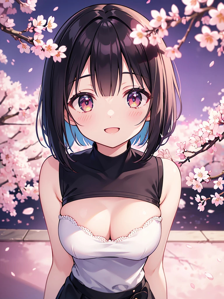 masterpiece, high quality, 16k resolution, detailed, beautiful anime girl, large breasts, slender waist, pale skin, , black hair, bob cut, fine hair, simple clothing, white T-shirt, no accessories, walking in neon-lit night city, spring season, comfortable weather, (((discovering beautiful night cherry blossoms))), neon lights, joyful expression, smiling, looking up at sakura, stunning smile, captivating eyes, delicate face, artistic, emotional depth, serene atmosphere, detailed background, vibrant colors, breathtaking beauty