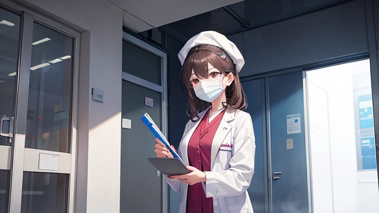 A female doctor in a white coat、Please draw an illustration of preparations being made in front of an operating theatre.。The female doctor wears a surgical cap and mask、A concentrated expression as he prepares for surgery。The background depicts an operating room door and disinfectant.。