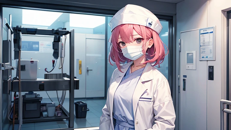 A female doctor in a white coat、Please draw an illustration of preparations being made in front of an operating theatre.。The female doctor wears a surgical cap and mask、A concentrated expression as he prepares for surgery。The background depicts an operating room door and disinfectant.。