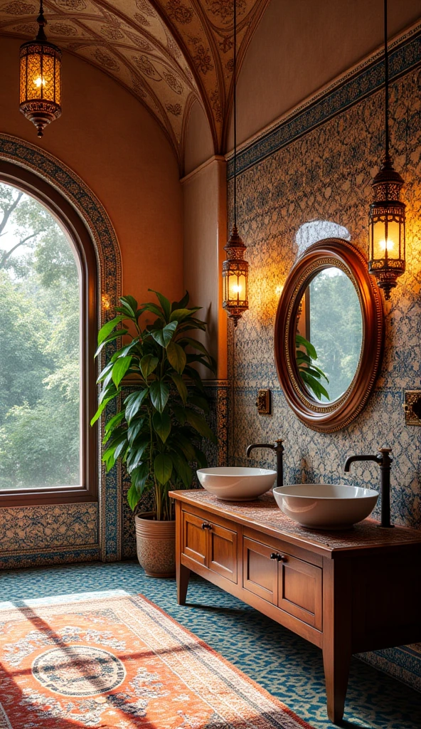 1. the walls are decorated with bright tiles in a Moroccan style.
 2. the ceiling has an arched opening from which decorative pendant lights are hung
 3. the vanity has a wooden countertop with two washbasins placed on it
 A round mirror adorns the wall and is surrounded by decorative elements. 5.
 A decorative plant is placed in the corner of the room, creating a natural atmosphere throughout the room. 6.
 6. the floor is covered with a patterned carpet, and the overall design is characterized by Moroccan sophistication.
