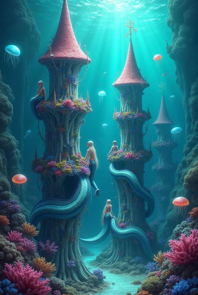 Underwater castles made of corals: Tall and detailed structures made from sparkling corals, various shapes and colors, standing on the ocean floor.
mermaids: Several mermaids with long, with tails wrapped around, decorated with fish scales, reflecting glare of light. mermaids могут разговаривать или играть между собой.
Glowing jellyfish: Jellyfish, floating in the water, emitting soft light, creating a mysterious glow around them.
Mystical fish: Fish with unusual shapes and bright color schemes, moving on water, like multi-colored lightning.
background: Deep Sea Shades of Blue, green and turquoise, complemented by light effects and plankton particles, creating the illusion of depth and life.
