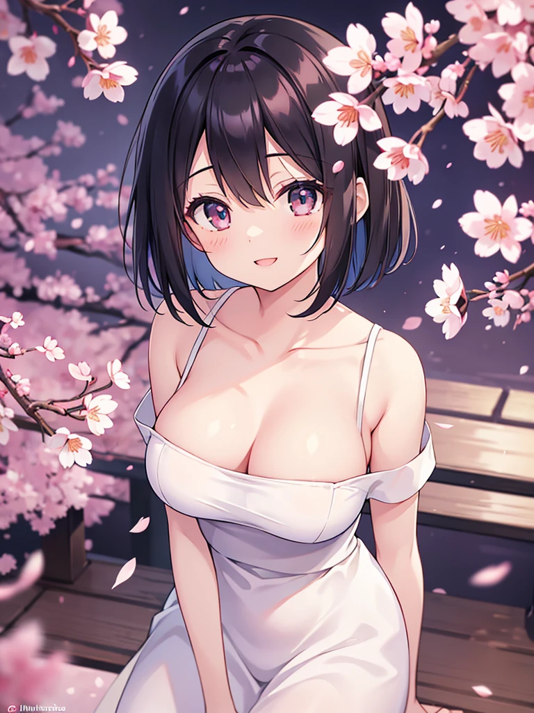 masterpiece, high quality, 16k resolution, detailed, beautiful anime girl, large , slender waist, pale skin, , black hair, bob cut, fine hair, simple clothing, white T-shirt, no accessories, walking in neon-lit night city, spring season, comfortable weather, (((discovering beautiful night cherry blossoms))), neon lights, joyful expression, smiling, looking up at sakura, stunning smile, captivating eyes, delicate face, artistic, emotional depth, serene atmosphere, detailed background, vibrant colors, breathtaking beauty