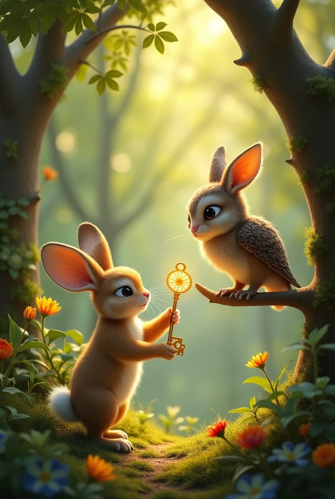 “A rabbit showing the golden key to a wise owl perched on a tree branch, surrounded by a forest backdrop.”