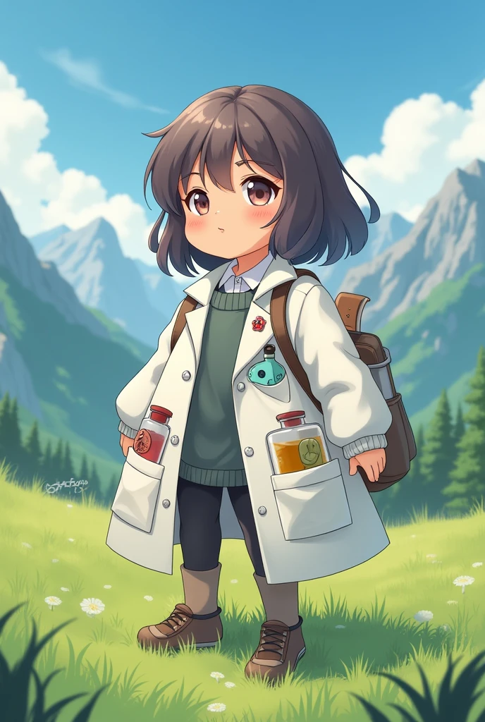 Short cute girl, short hair.
her face is cute when she pouts, her cheeks are soft.
Wearing a lab coat that is too big for his body size, white.
Several different colored potions were tucked into the pockets of his lab coat.. 

Posing proudly with hands on lap.

Green field background with alpine mountain view. Playing with monster slime
