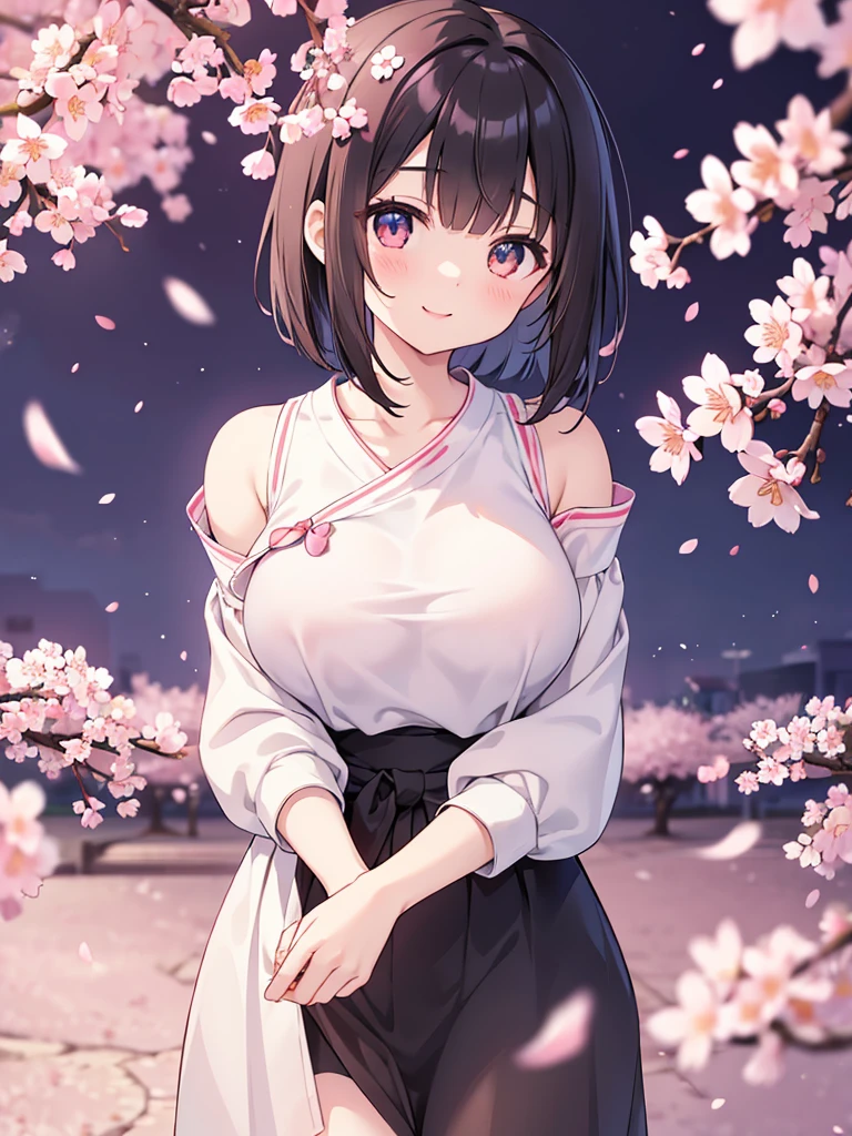 masterpiece, high quality, 16k resolution, detailed, beautiful anime girl, large breasts, slender waist, pale skin, , black hair, bob cut, fine hair, simple clothing, white T-shirt, no accessories, walking in neon-lit night city, spring season, comfortable weather, (((discovering beautiful night cherry blossoms))), neon lights, joyful expression, smiling, looking up at sakura, stunning smile, captivating eyes, delicate face, artistic, emotional depth, serene atmosphere, detailed background, vibrant colors, breathtaking beauty