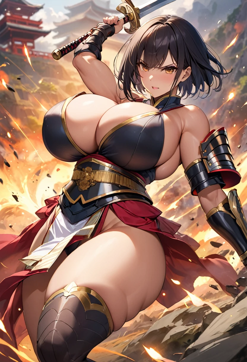 ((Two Japanese women))、((Fighting Women))、((Kenshu))、((Uplifting))、((Speed))、((Leg spread))、((Jump))、((Swinging the Sword))、(Irregular black hair)、(short hair)、(Brown Skin)、((Warrior Princess))、((Female Generals))、(Goddess of War)、((White old Japanese armor))、((Holding the Japan sword))、(True to prompts)、(Deluxe)、(Feminine hourglass curves)、(Muscular)、(Glaring with sharp eyes)、(sexy)、(((Huge huge breasts)))、(Big Ass)、(Thick thighs)、((Outdoor))、((what'Left behind))、((Large number of spectators))、((sunny))、((blue sky))、(Best lighting)、{{{Browsing Caution}}}、{{{masterpiece}}}, {{{Highest quality}}}, {{ultra-detailed}}, {{shape}}, {{{Very delicate and beautiful}}},{{extremely detailed CG}}、{{unity 8k portrait}}、{{Fabric Shading}}、{{super detailed skin}}、{{Perfect Anatomy}}、{{detailed}}、{{Dynamic Lighting}}、{{{beautiful detailed eyes}}}、{{{beautiful detailed Face}}}、{{{Realistic, RAW Photos}}}、(Perfect Face)、(非常にdetailedな顔)、(Perfect Eyes)、(Perfect Legs)、(Perfect breasts)、(Perfect pose)、(Perfect body)