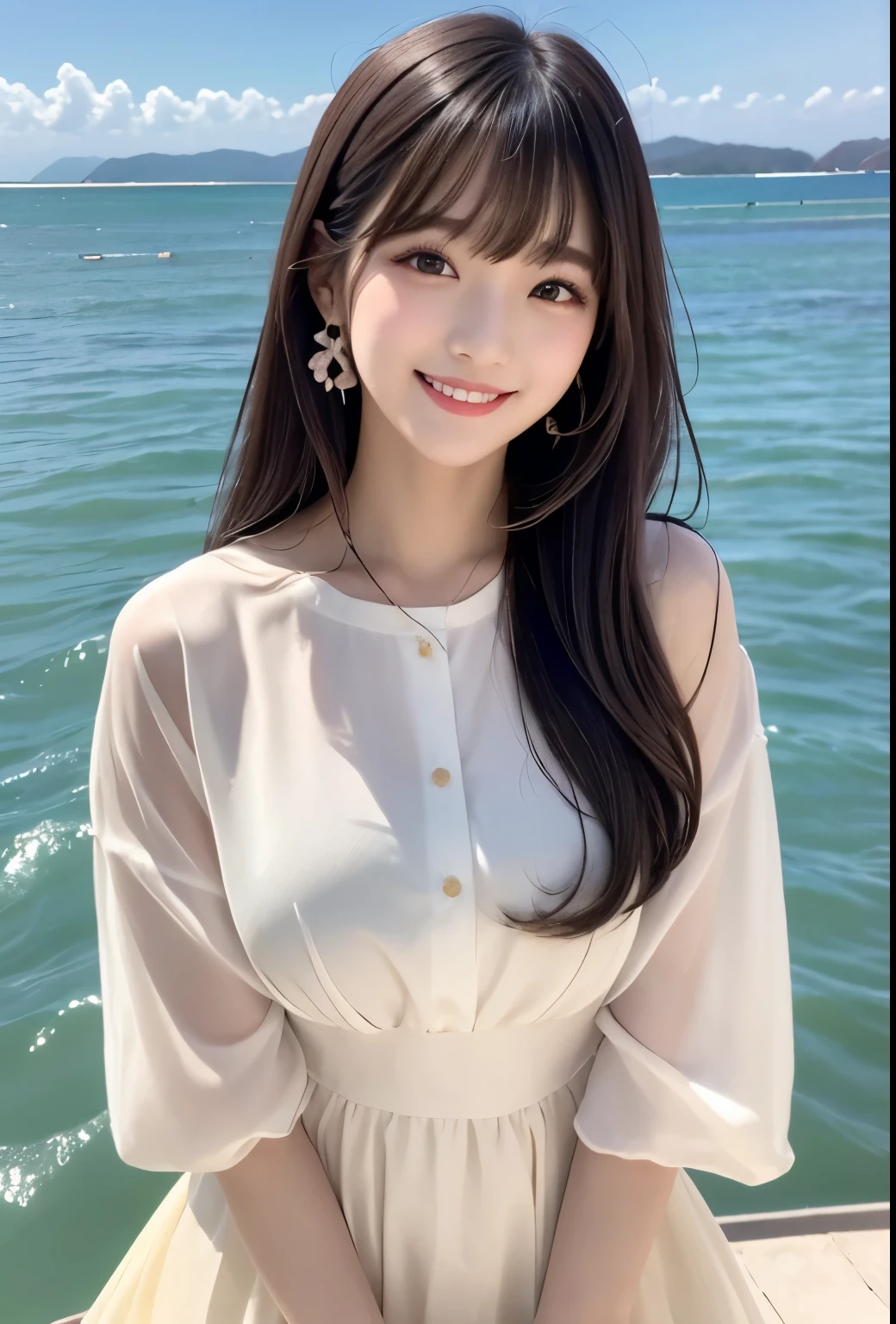 masterpiece、Highest quality、whole body、One Girl、bangs、Japanese、Long Black Hair、long hair、Ocean、Asahi、smile、flower、alone、Stylish woman、Pastel colored outfits、front、Luxury background elements、Confident expression、Modern and trendy、Fashion focused