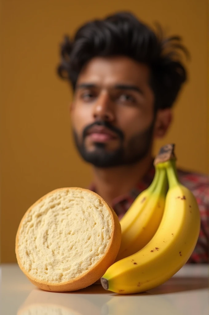 Round plain surface bread with banana on side and in background emiway(rapper)