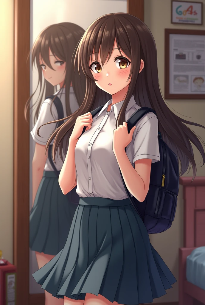 Make a teenager getting ready for school ( Her features are) brunette and is wearing a uniform 