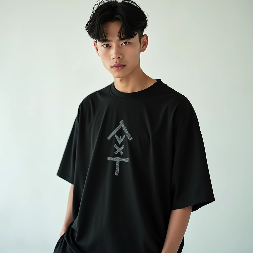 Fashion editorial style boy at, Traditional Japanese samurai motifs mixed with urban streetwear elements, creating a powerful, modern warrior aesthetic.High fashion, trendy, stylish, editorial, magazine style, professional, highly detailed, oversize tshirt mockup 3d, color black , men style streetwear by Virgil Abloh, brand NoirÉclat 