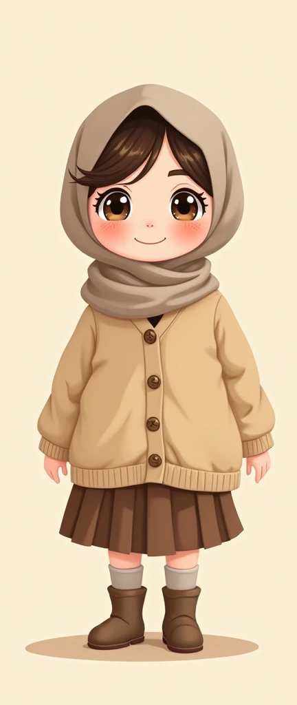 Cartoon with text:
(masterpiece, best quality, 4k, expressive eyes, perfect face, 2d style, flat style, hand drawn, perfect Illustration), Cute and adorable face, big detailed eyes,, Cute little cartoon girl, with brown hijab on, bangs, wearing oversized beige cardigan, white shirt, brown skirt, ((brown socks, long socks)),