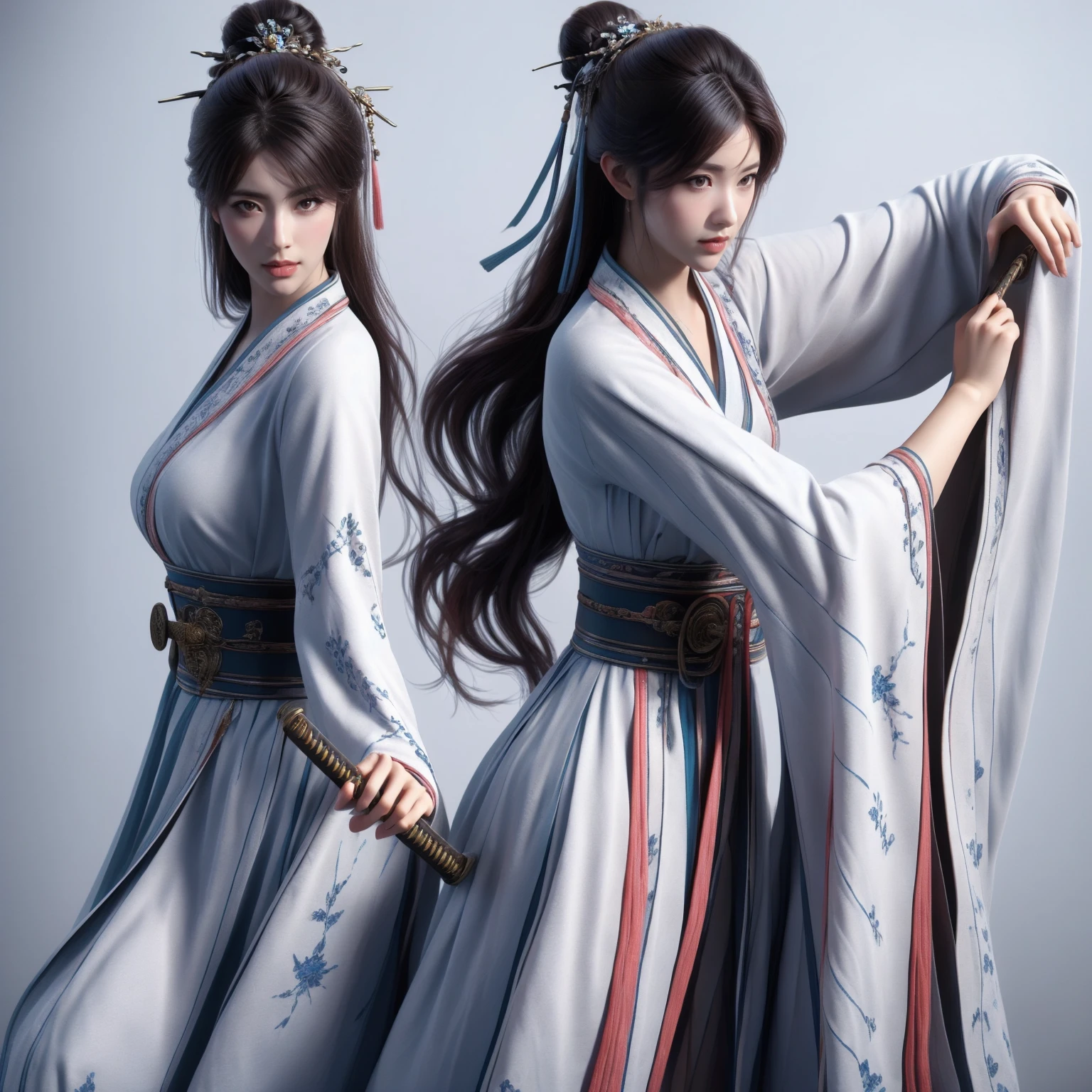 Envious,1 girl,weapon,sword,alone,long hair,Holding,Holding weapon,hair accessories,Holding sword,wide arms,realistic,sash,Chinese clothes,simple background,upper body,Hanfu,long sleeve,brown eyes,hair bun,black hair,white background,gag,look away,brown hair,single hair bun,lips,
best quality,Masterpiece,Ultra high resolution,