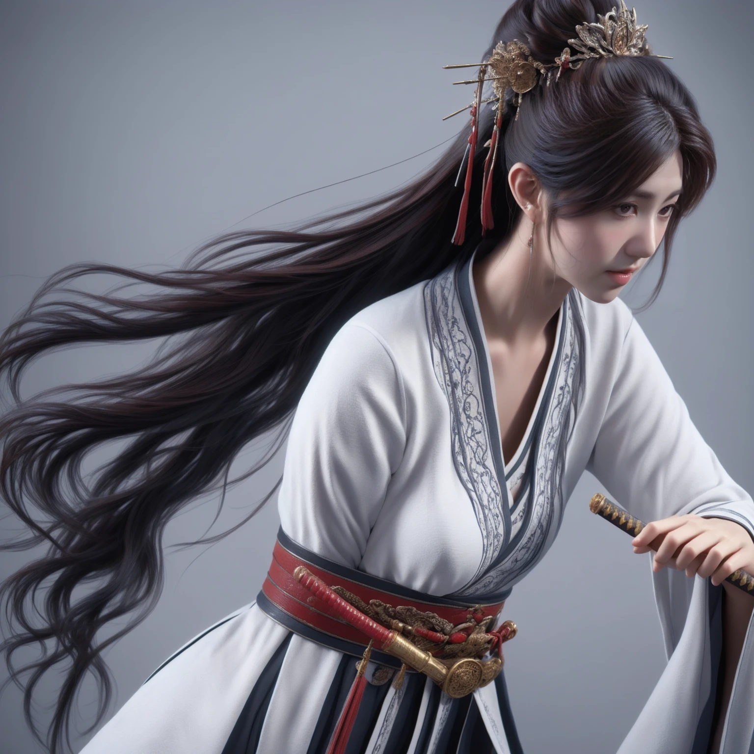 Envious,1 girl,weapon,sword,alone,long hair,Holding,Holding weapon,hair accessories,Holding sword,wide arms,realistic,sash,Chinese clothes,simple background,upper body,Hanfu,long sleeve,brown eyes,hair bun,black hair,white background,gag,look away,brown hair,single hair bun,lips,
best quality,Masterpiece,Ultra high resolution,