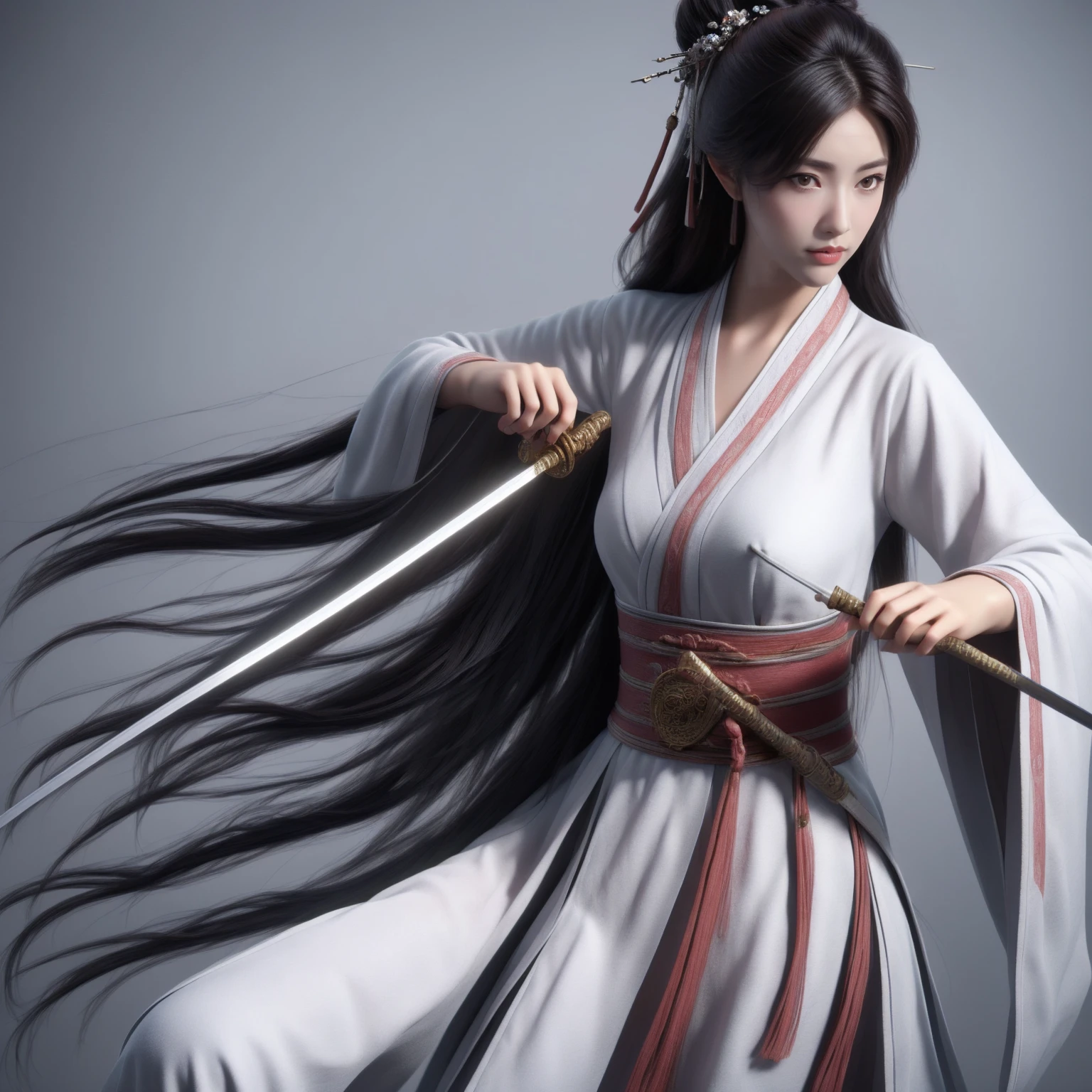 Envious,1 girl,weapon,sword,alone,long hair,Holding,Holding weapon,hair accessories,Holding sword,wide arms,realistic,sash,Chinese clothes,simple background,upper body,Hanfu,long sleeve,brown eyes,hair bun,black hair,white background,gag,look away,brown hair,single hair bun,lips,
best quality,Masterpiece,Ultra high resolution,