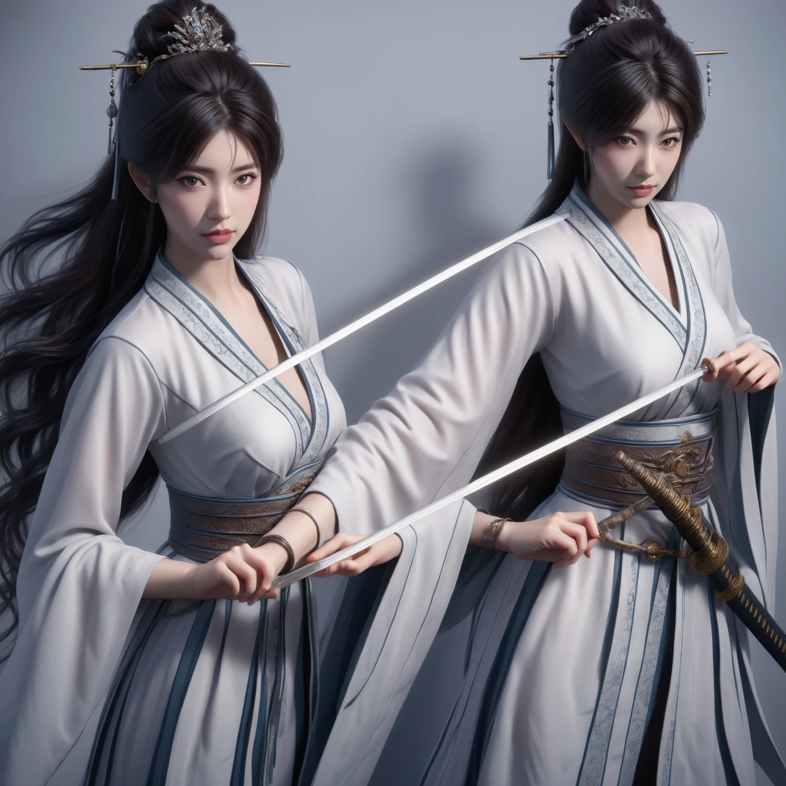 Envious,1 girl,weapon,sword,alone,long hair,Holding,Holding weapon,hair accessories,Holding sword,wide arms,realistic,sash,Chinese clothes,simple background,upper body,Hanfu,long sleeve,brown eyes,hair bun,black hair,white background,gag,look away,brown hair,single hair bun,lips,
best quality,Masterpiece,Ultra high resolution,