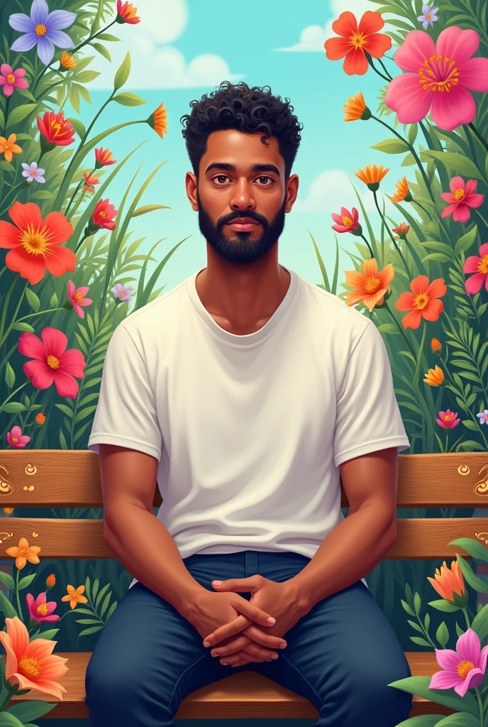 man, black colour, curly hair,middle eyes, beard short , middle ear , height 5.4 ft , white shirt , brown paint with tai seat in different colour flower garden