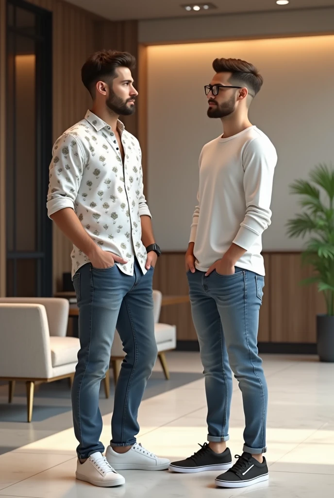 2 young men are waiting for their girlfriends in the reception area of the office, one young man is wearing a white printed shirt, jeans, white shoes and smart watch and the other is wearing a white full sleeve t-shirt, jeans, glasses and black sneakers