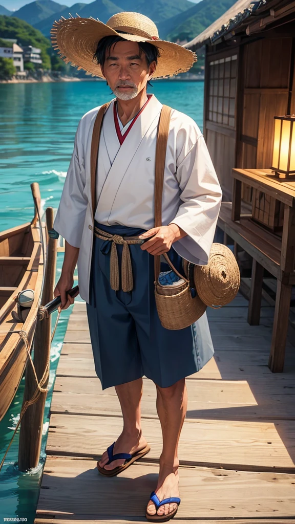 a friendly middle-aged man,Ebisu the Japanese god of fishermen and merchants,traditional fisherman's clothing,woven straw hat,fishing rod over shoulder,holding red sea bream,small fishing village,wooden boats,fishing nets,gentle waves,extremely detailed,masterpiece,award winning,hyper realistic,realistic lighting,vivid colors,detailed textures,cinematic composition,volumetric light,photorealistic