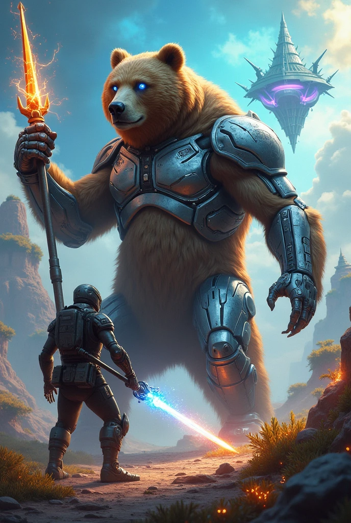 In a surreal, dreamlike battlefield, a majestic brown bear, fused with advanced cyborg technology, towers over a human opponent. The bear’s fur transitions into sleek, metallic armor, with one side of its body partially transparent, revealing intricate mechanical organs and glowing circuits beneath its skin. Its eyes burn with a fierce, electric blue light, blending primal power with artificial intelligence. Clutched in one massive paw is a glowing laser spear, crackling with energy, poised to strike. The human, clad in futuristic battle armor, stands defiantly, holding a plasma blade, ready to engage in combat. The background is a fantastical landscape of floating islands, twisted, otherworldly trees, and a swirling sky filled with vibrant, unnatural colors. The ground beneath them pulses with bioluminescent plants, casting an eerie glow that reflects off the bear’s metallic components, intensifying the tension of this epic, high-tech duel in a surreal, alien environment.