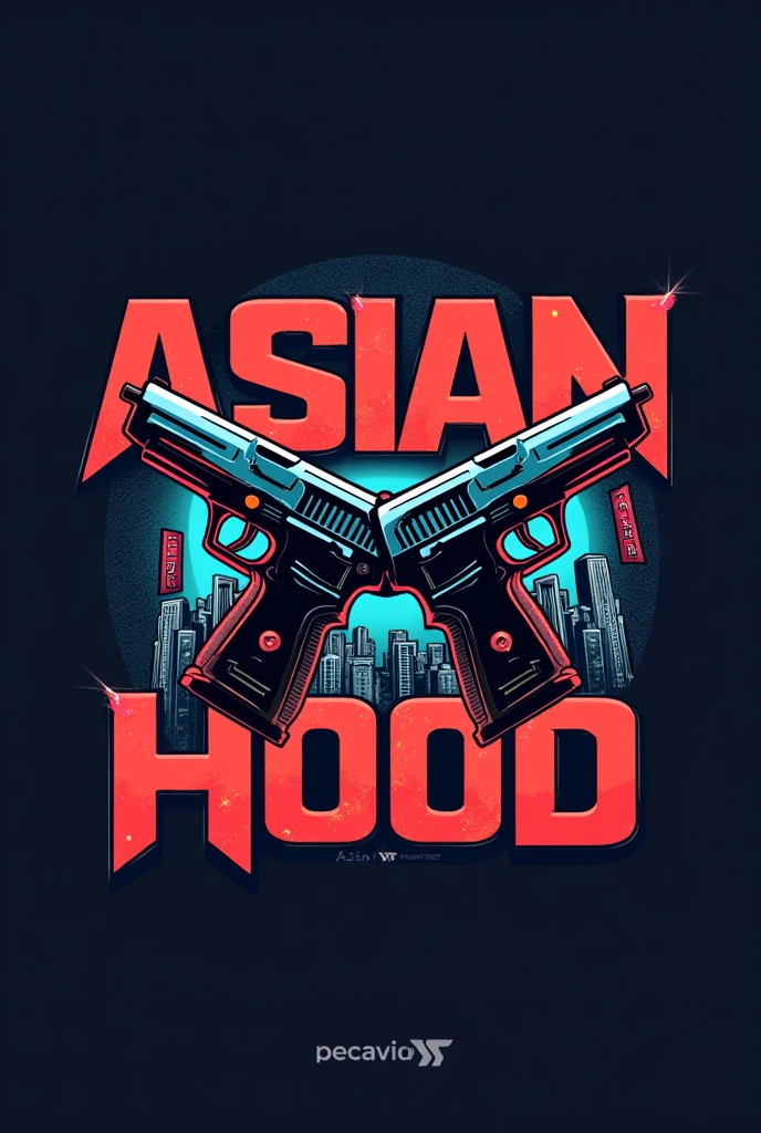 Create me a game logo name is Asian hood add guns and no statues no human beings.ADD MORE EXAMPLES Name is Asian hood