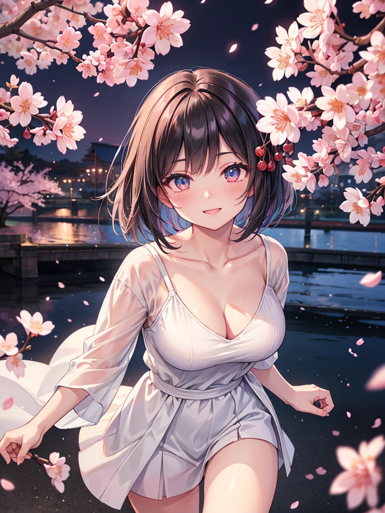 masterpiece, high quality, 16k resolution, detailed, beautiful anime girl, large breasts, slender waist, pale skin, , black hair, bob cut, fine hair, simple clothing, white T-shirt, no accessories, walking in neon-lit night city, spring season, comfortable weather, (((discovering beautiful night cherry blossoms))), neon lights, joyful expression, smiling, looking up at sakura, stunning smile, captivating eyes, delicate face, artistic, emotional depth, serene atmosphere, detailed background, vibrant colors, breathtaking beauty