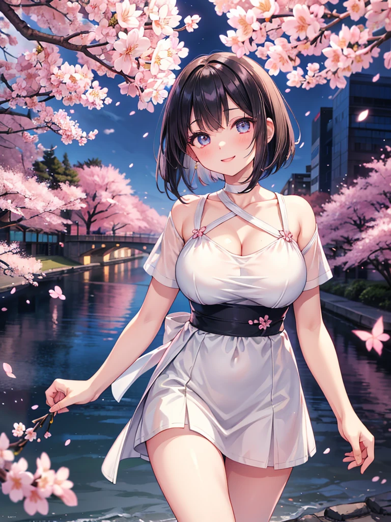 masterpiece, high quality, 16k resolution, detailed, beautiful anime girl, large breasts, slender waist, pale skin, , black hair, bob cut, fine hair, simple clothing, white T-shirt, no accessories, walking in neon-lit night city, spring season, comfortable weather, (((discovering beautiful night cherry blossoms))), neon lights, joyful expression, smiling, looking up at sakura, stunning smile, captivating eyes, delicate face, artistic, emotional depth, serene atmosphere, detailed background, vibrant colors, breathtaking beauty