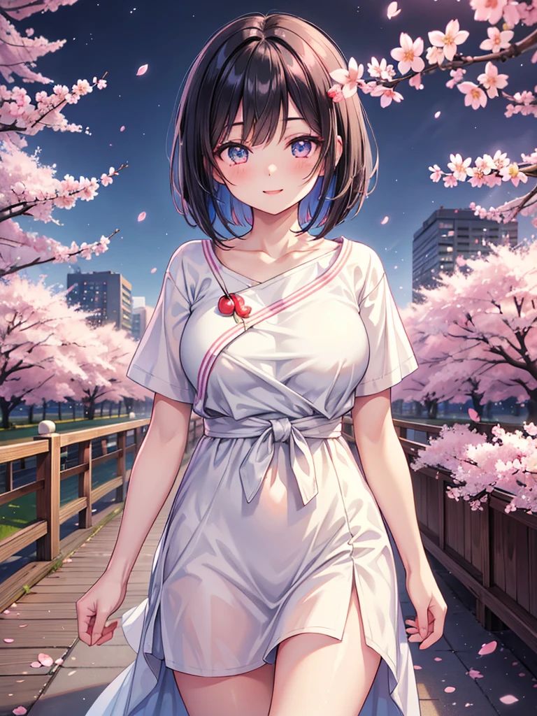 masterpiece, high quality, 16k resolution, detailed, beautiful anime girl, large breasts, slender waist, pale skin, , black hair, bob cut, fine hair, simple clothing, white T-shirt, no accessories, walking in neon-lit night city, spring season, comfortable weather, (((discovering beautiful night cherry blossoms))), neon lights, joyful expression, smiling, looking up at sakura, stunning smile, captivating eyes, delicate face, artistic, emotional depth, serene atmosphere, detailed background, vibrant colors, breathtaking beauty