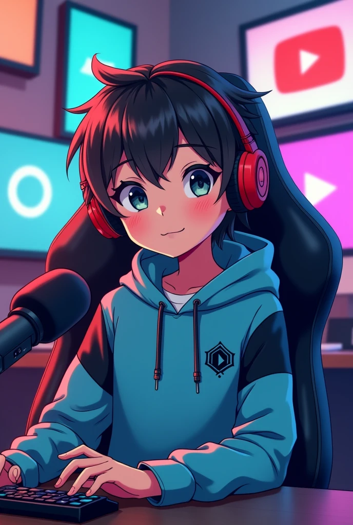 A anime boy wearing a light blue and black color hoodie and red color gaming headphone . The anime boy is sitting on a black gaming chair . On the background there so many YouTube materials . On the front of the anime boy there is a mic