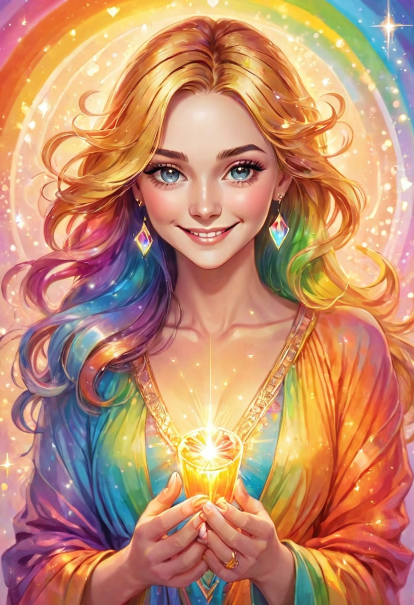 In the center is a beautiful woman casting a spell of love. She is smiling and emitting magical light from her fingertips. diamond jewelry. Rainbow pastel colors envelop her heart. This spell emits light and creates a light effect around you. ripples of light. The glow spreads, and the background is a gradation of gold and pale orange, giving the impression of a soft light spreading. Try to express kindness and reassurance throughout. Add shine with light radiation and fine particles. We created a bright and warm design that will warm the hearts of those who see it. Add elegance with a spiritual touch