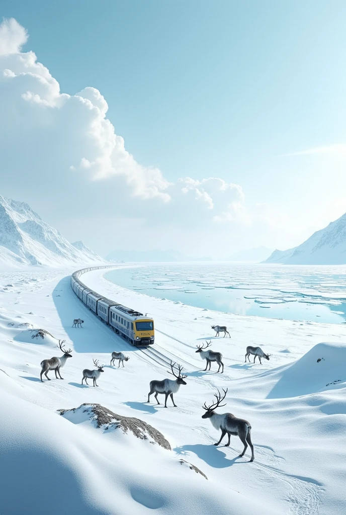 train in snowy plain and huge icy lake.and a lot of reindeers