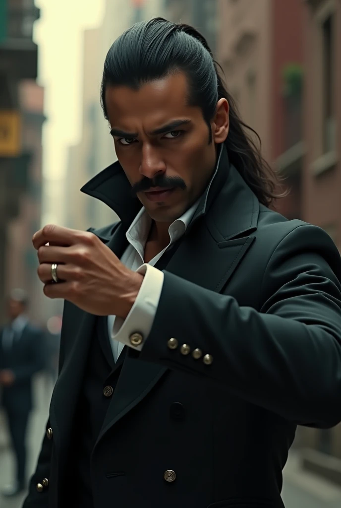 A young gangster guy who is 3 and always wear executive coats and suits .He have a horseshoe moustache not beard. Long hair with pony tale . And an attittude face looks like dulquer salmaan.