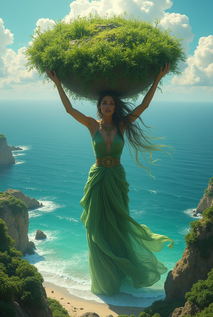 The goddess Giaa holds the earth and the fertile natural land, half above the sea. The sea water spreads.