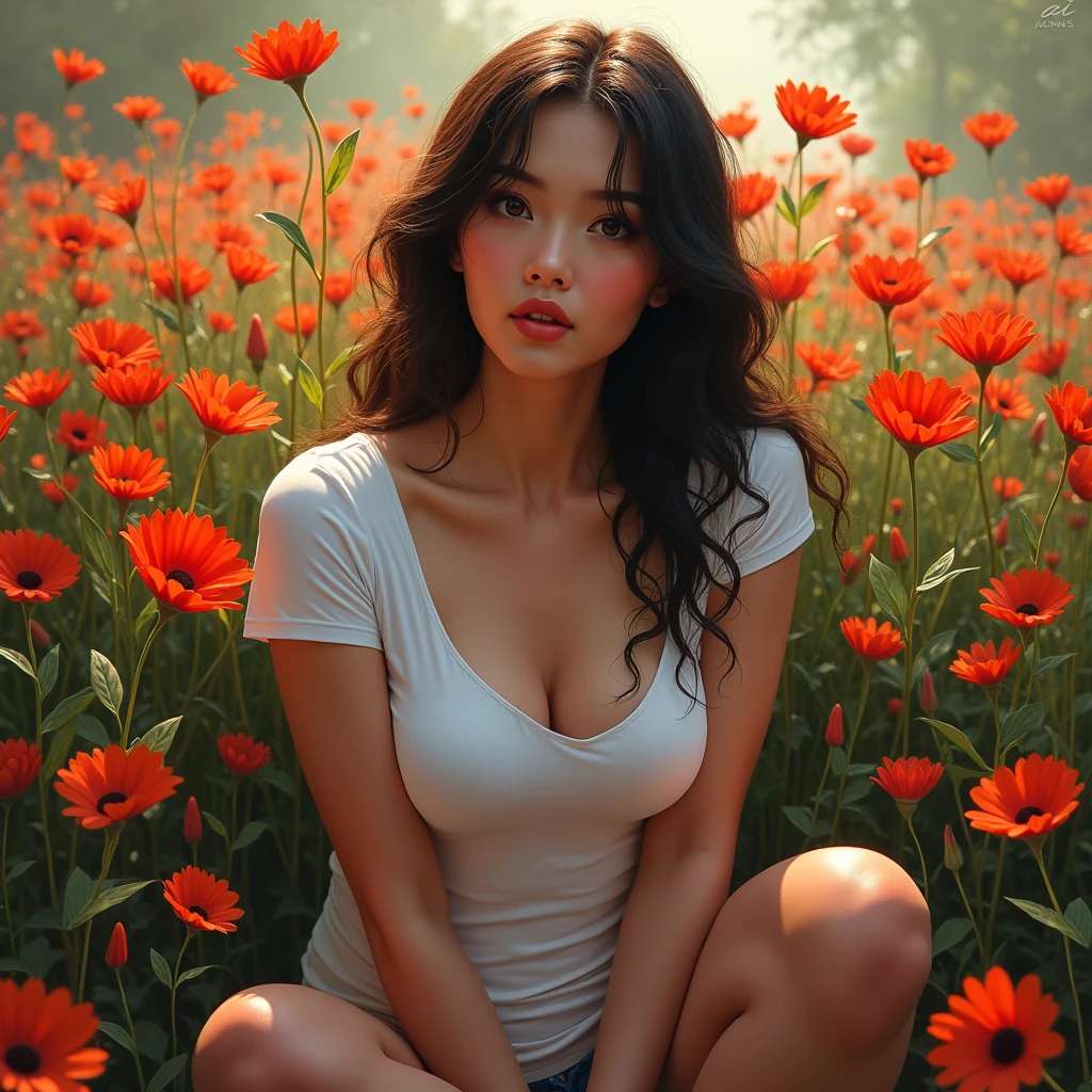 A woman that sits in a field of vibrant flowers. The sultry woman appears to be presently surprised and satisfied. Her white tshirt is soaking wet and clinges to her buxom shape. the artists signature 'ai Jonas' in the top right corner.