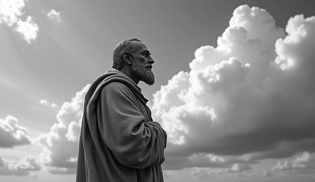 A philosopher's sculpture watching the clouds drift by .Keep the overall theme black and white. Make it vibrant and hyper realistic