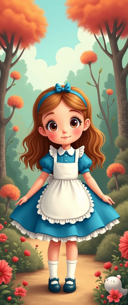 Cartoon with text:
(masterpiece, best quality, 4k, expressive eyes, perfect face, 2d style, flat style, hand drawn, perfect Illustration), Cute and adorable face, big detailed eyes,, Cute little cartoon girl, alice in wonderland, blue dress, white apron, white socks, mary jane shoes, inside wonderland