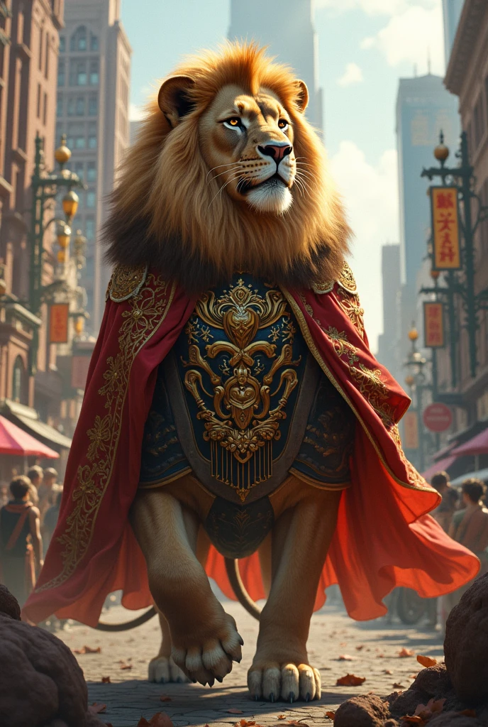 A lion wearing rider dress in city