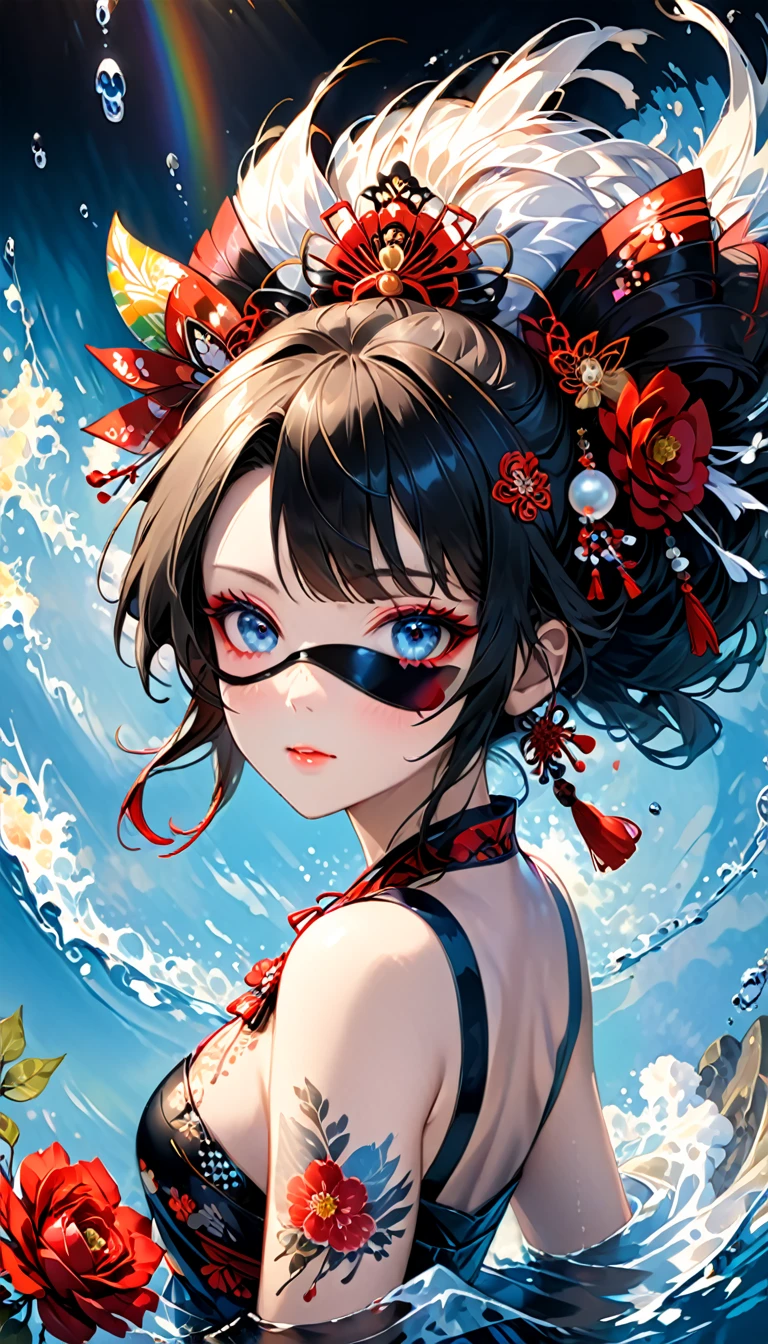 Ink painting, (((1 girl )), (((Tattoo in the middle of the forehead))), (((Oiran))), (((Great hair accessories))), Demon possession, ((Eye patch over:1.3)), (((Masterpiece、Highest image quality、Highest quality、Extremely detailed unit 8ｋWall paper))), ((Illustration of one girl、Upper body covered))、(((beautiful girl))),  girl swimming underwater, Very detailed presentation style, It shines, Red Rose, light blue, brushwork, Ultra Realistic Oil Painting, Bright eyes, Head up close, Exaggerated perspective, Tyndall effect, drop of water, rainbow pearl, 3d white, black background,