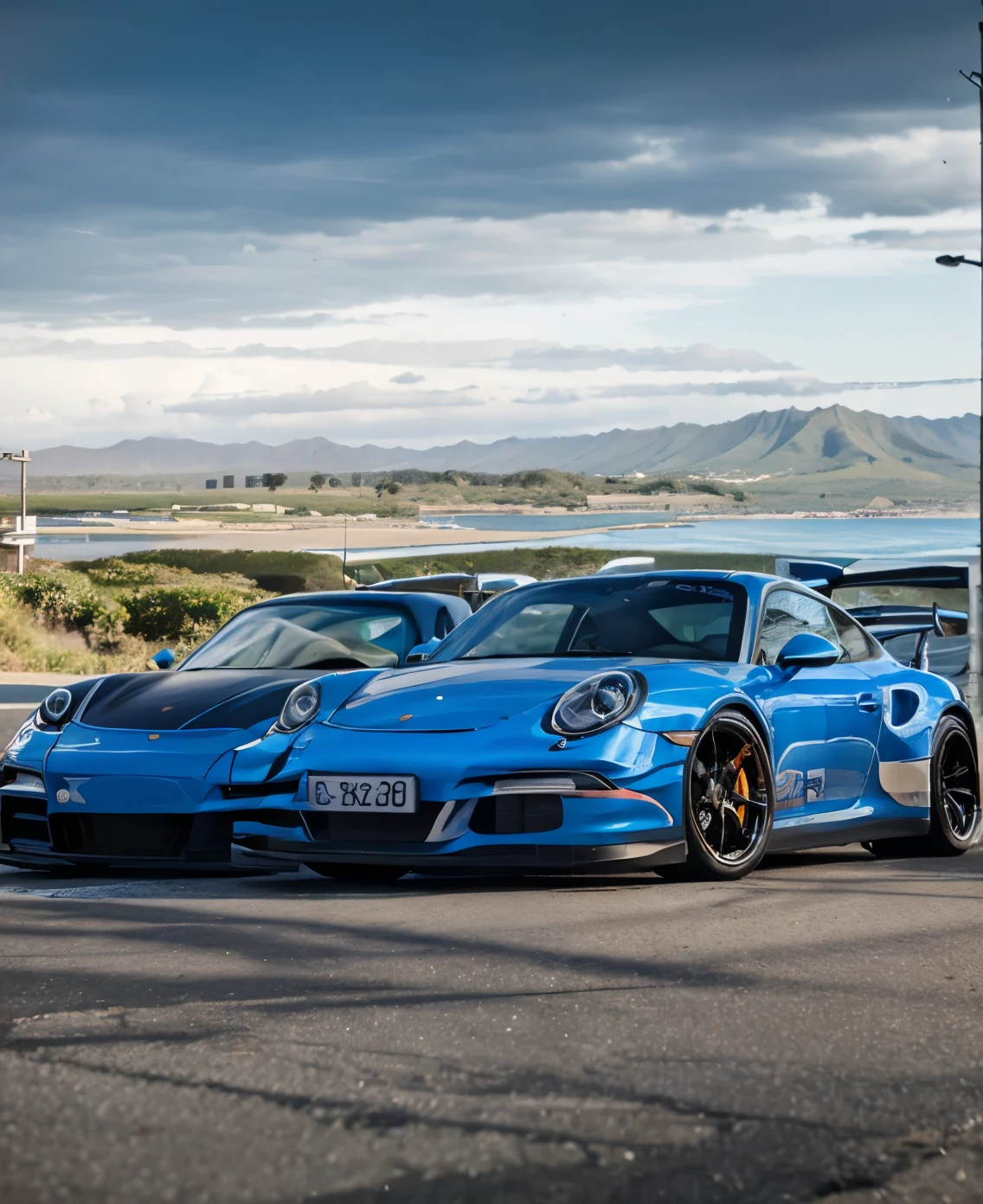 portrait shot, porsche rsr, gtr xu1, Auto photography album art woman Beautiful half-naked red dress, standing near a GT3s، car,arafed blue sports car parked on a road near a body of water, porsche gt 3 in hawaii city, automotive photography, porche, vehicle photography, porsche 9 1 1, porsche 911, porsche,
