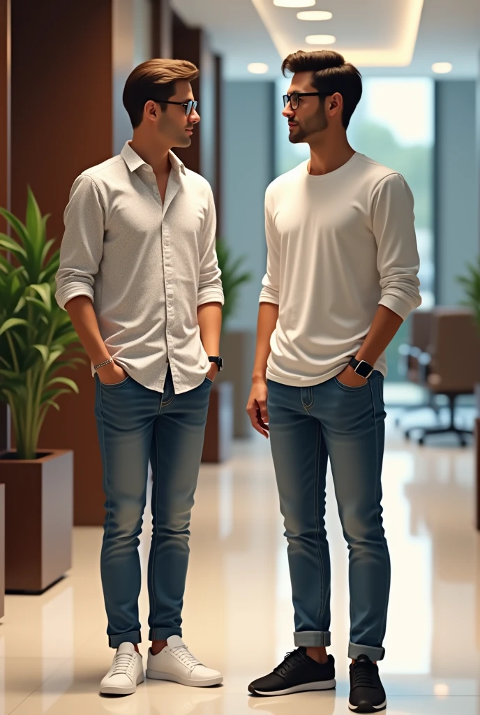 2 young men are waiting for their girlfriends in the reception area of the office, one young man is wearing a white printed shirt, jeans, white shoes and smart watch and the other is wearing a white full sleeve t-shirt, jeans, glasses and black sneakers