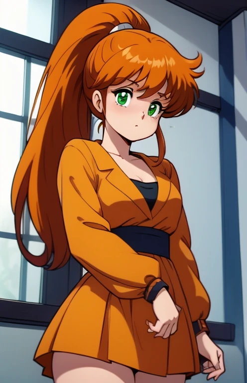 a cute girl, orange hair, green eyes, ponytail,caron, cowboy shot,