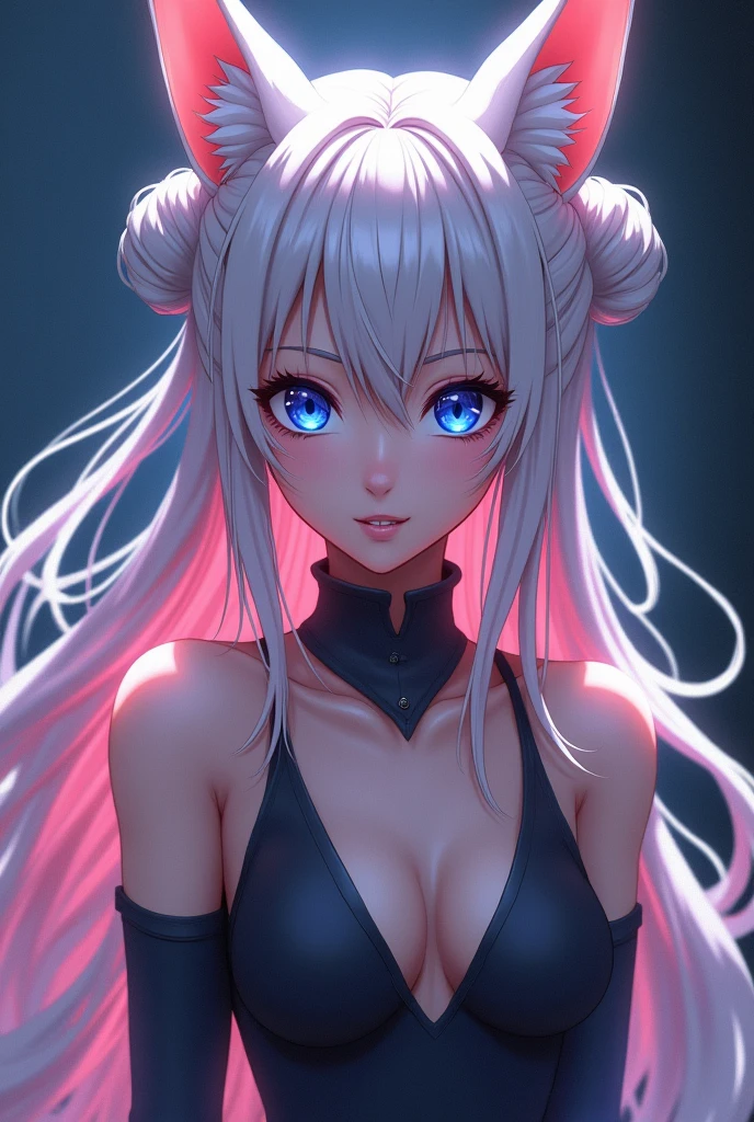 {{masterpiece}},best quality,Highly detailed CG Unity 8K wallpaper,One woman,movie lighting,lens flare glow, tall anime girl, long silver pink hair with two tucked in hairbuns at each side of her head, sharp blue eyes, with an evil grin, two pointy white fox ears on her head, sexy