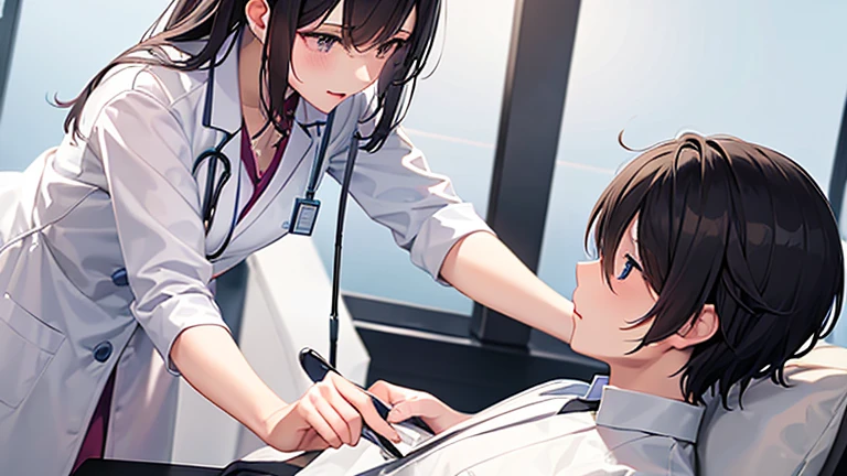 A female doctor in a white coat、Please draw an illustration of a doctor examining a patient in a hospital examination room.。The female doctor is explaining things to the patient kindly.、In the background, a desk with medical equipment and charts is depicted.。