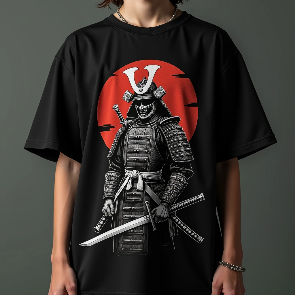 A fashion editorial style boy, he wears an oversized black t-shirt. The t-shirt has incorporated graphics of traditional Japanese samurai motifs mixed with elements of urban clothing, creating a powerful and modern warrior aesthetic. High fashion, fashion, style, editorial, magazine style, professional, highly detailed, 3d oversized t-shirt mockup, black color, streetwear style men by Virgil Abloh, NoirÉclat brand