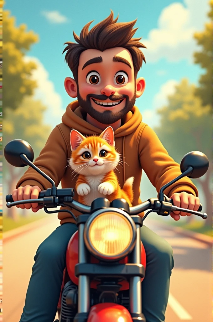 Father and cute kitten are riding a motorbike with cheerful faces.