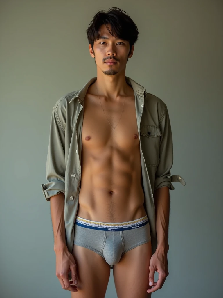 Photograph of Native American male photo retoucher (Whitney Minthorn), exact face, short brunette hair, light skin-tone, slender, slim, thin, tight fitted unbuttoned boxer briefs, unbuttoned shirt, bare chest, (penis, uncircumcised, erect penis), pubic hair, sweating, correct anatomy for pose, cinematic movie still, full body portrait, natural beauty, high quality, high detail, photograph taken with nikon z8 mirrorless camera with nikkor z 24mm s lens